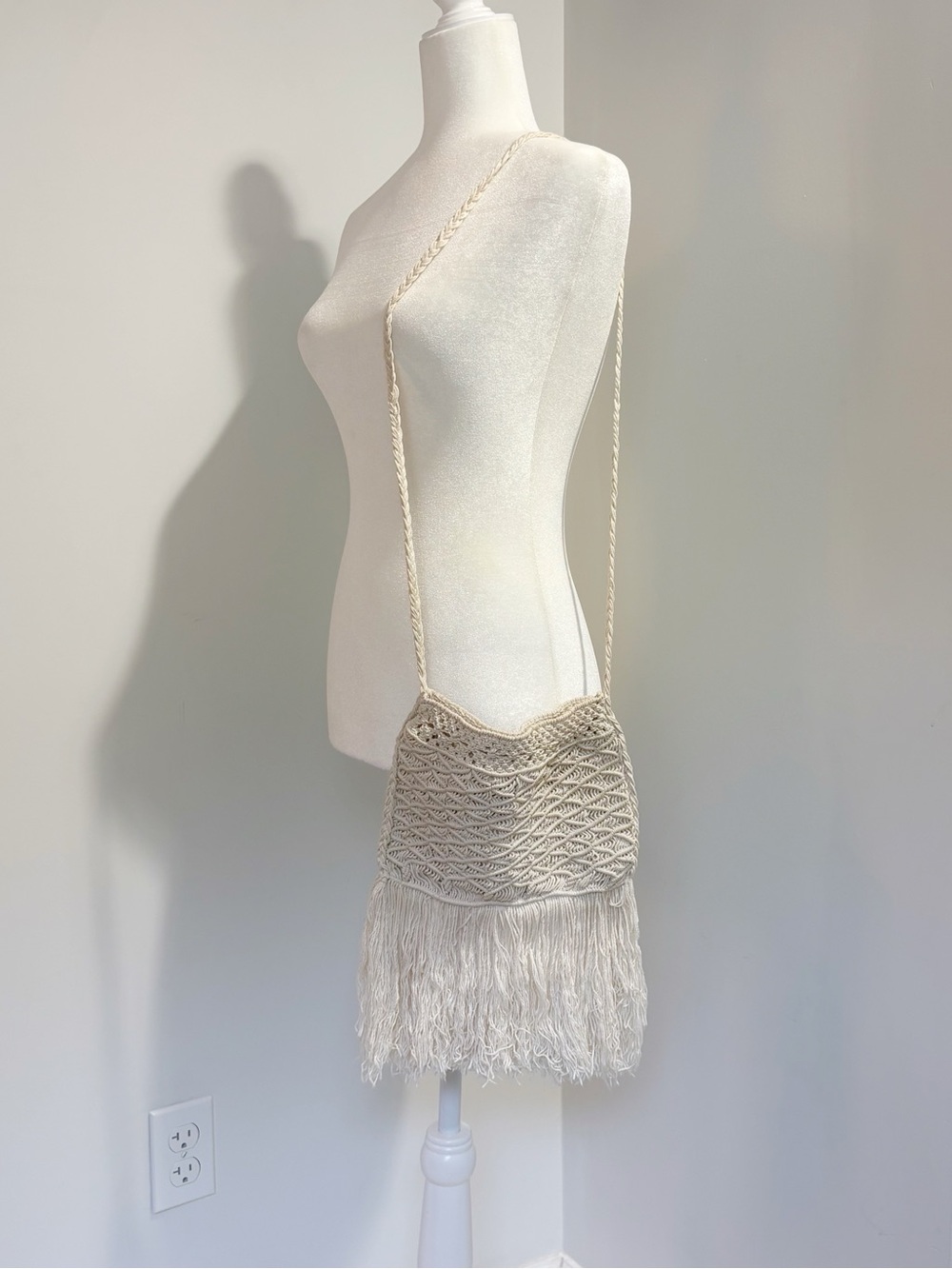 Vintage 1970s Pappagallo 100% Cotton Macrame Fringe Crossbody Bag Made in Greece